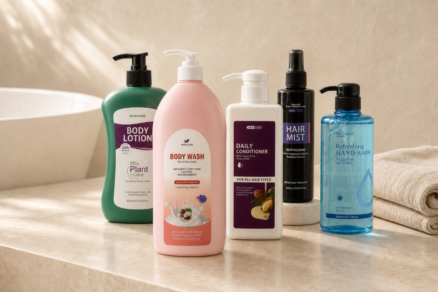 A coordinated family of Bathimple personal care samples in a warm home bathroom