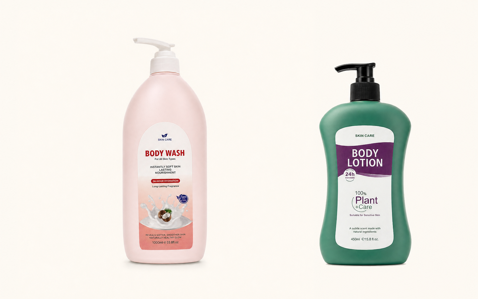 Body wash and body lotion private label samples in a warm ivory studio